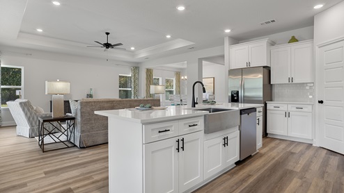 Single standing kitchen island with perfect view of living area.