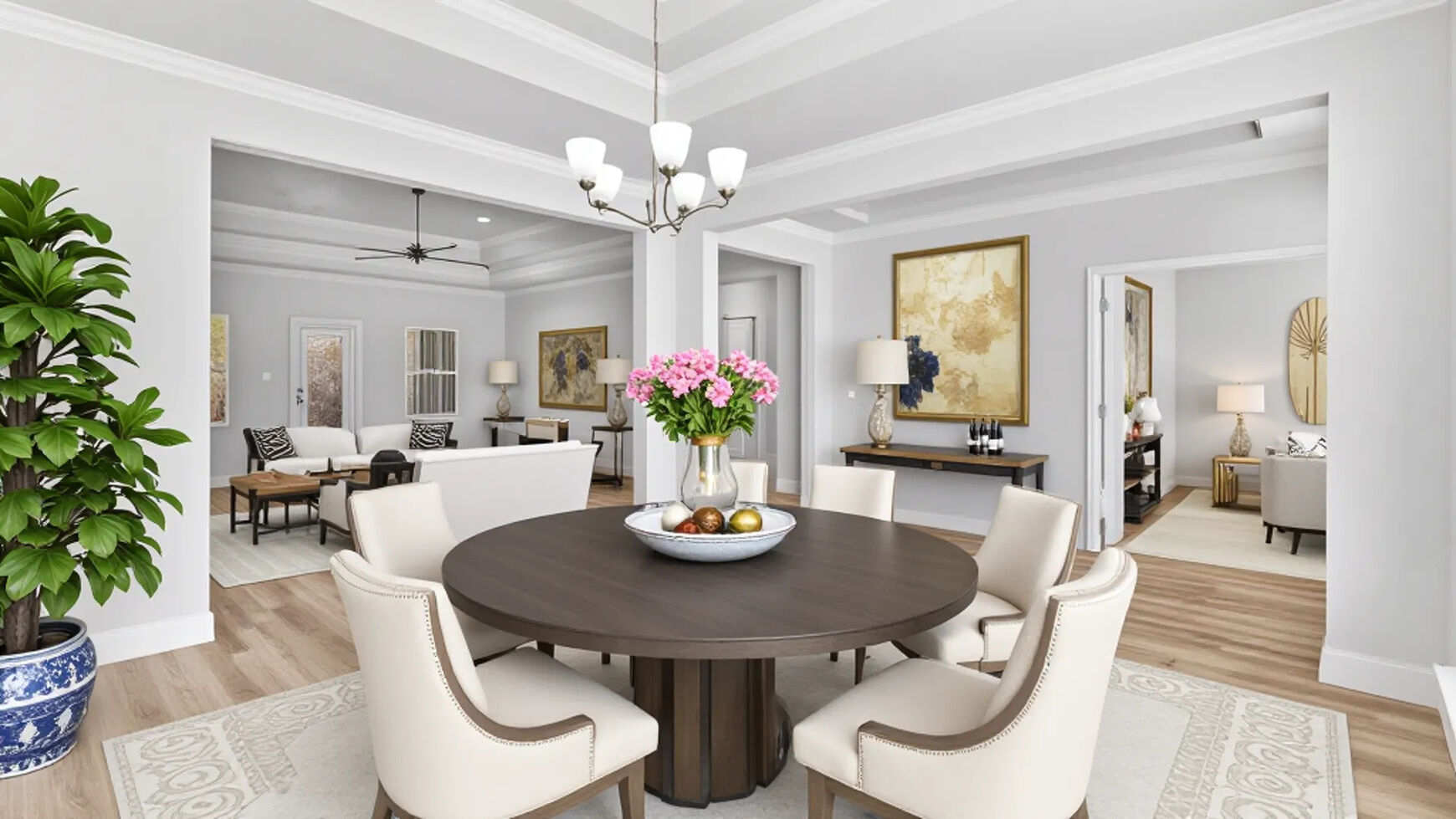 Formal dining room with chandelier in a new D.R. Horton home.