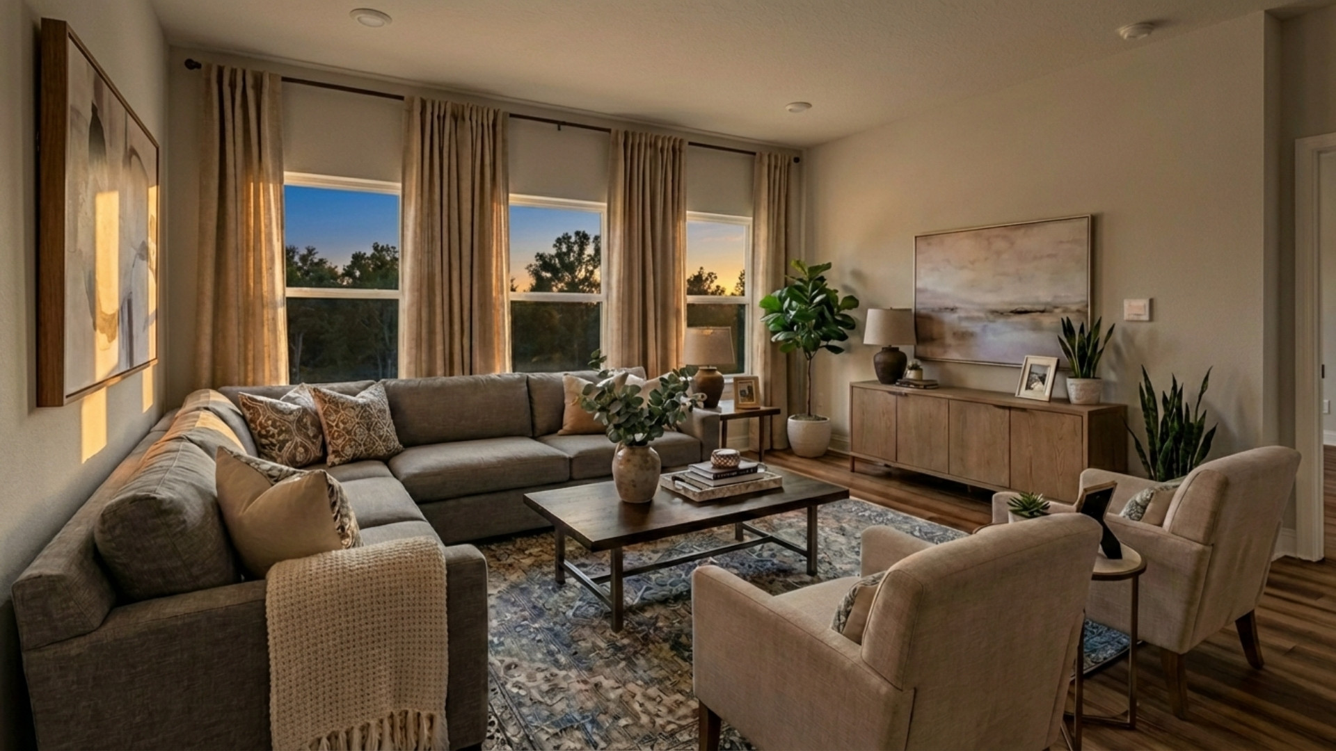 Living room at dusk from an Arlington floor plan.