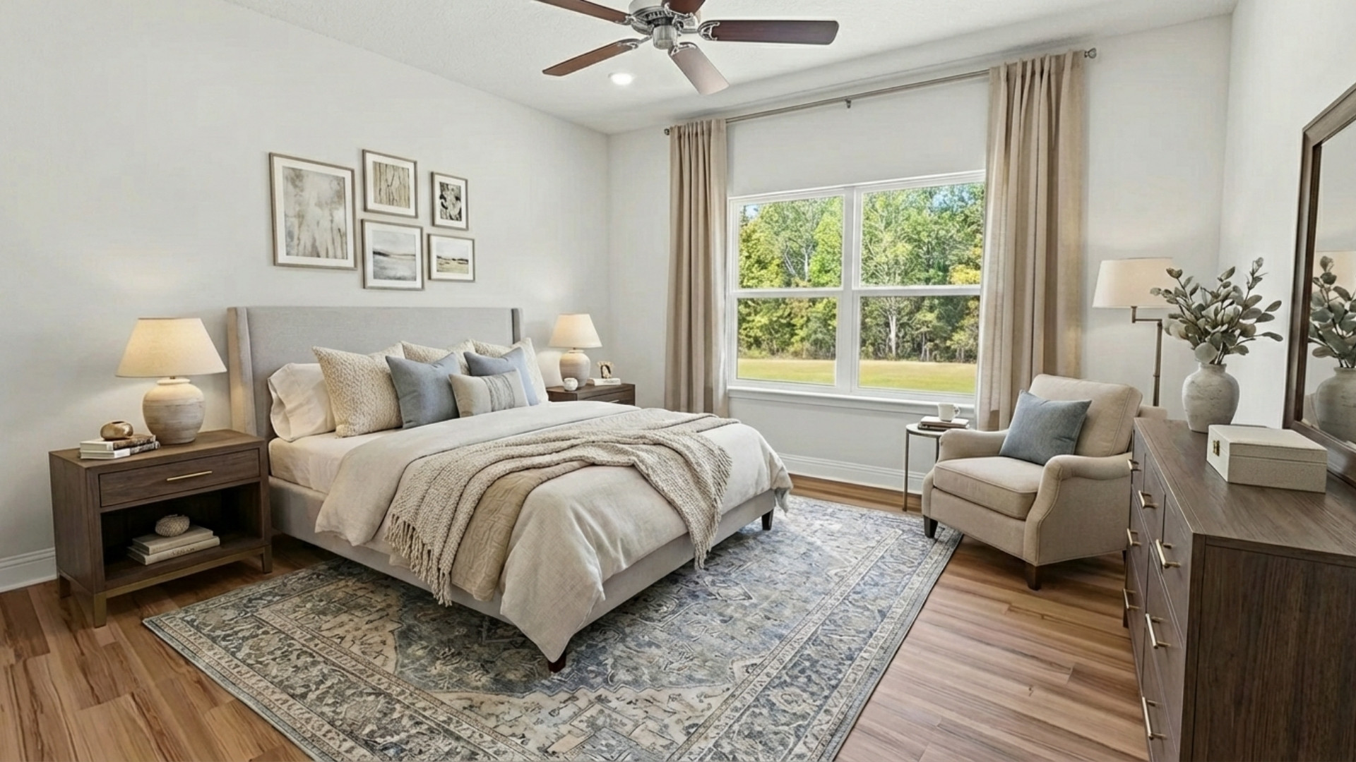 Primary bedroom suite with modern decor.