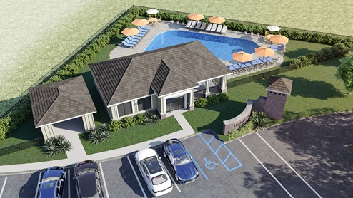 Community cabana and pool area with restrooms.