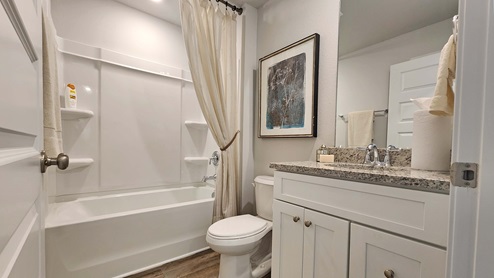 Aria guest bathroom with shower/tub combination.