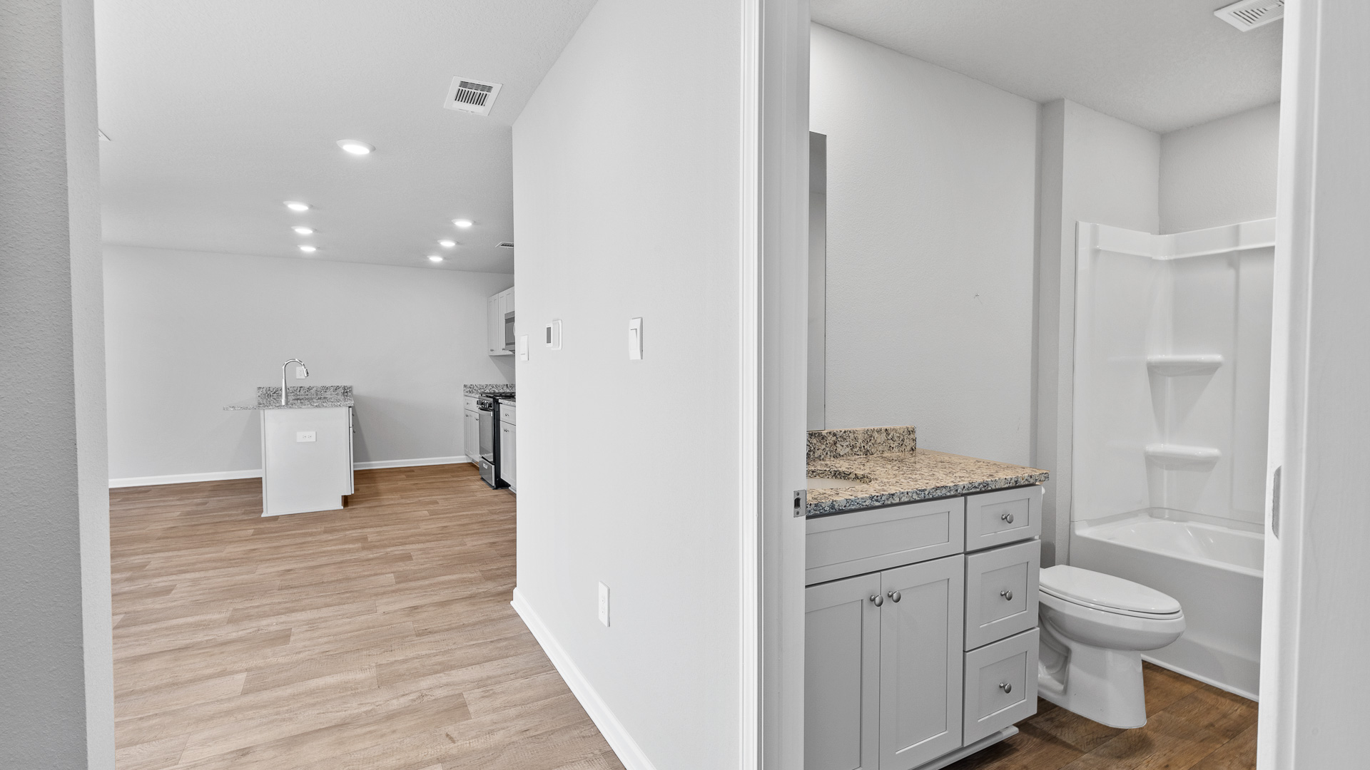 Entrance to bedroom and hallway bathroom