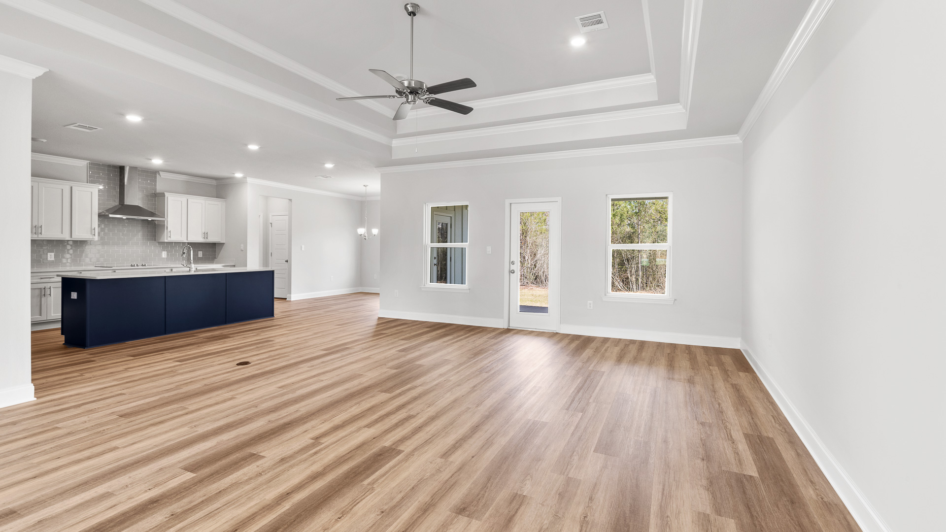 Open floor living area inside the Mila