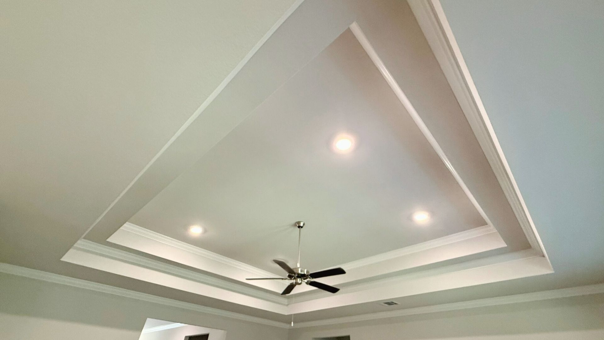 Tall vaulted ceilings with a fan.