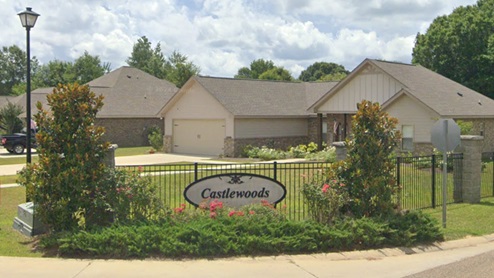 The Castlewoods community entrance in Petal, Mississippi.