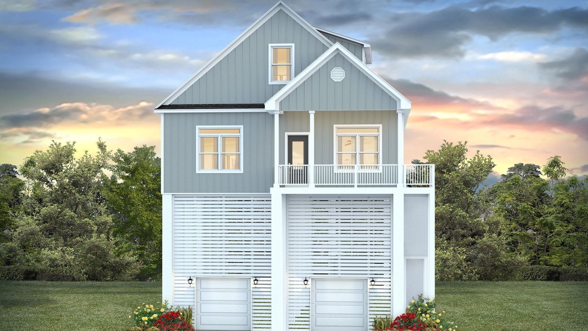 The Altamont coastal home with Hardie Plank siding and garages.