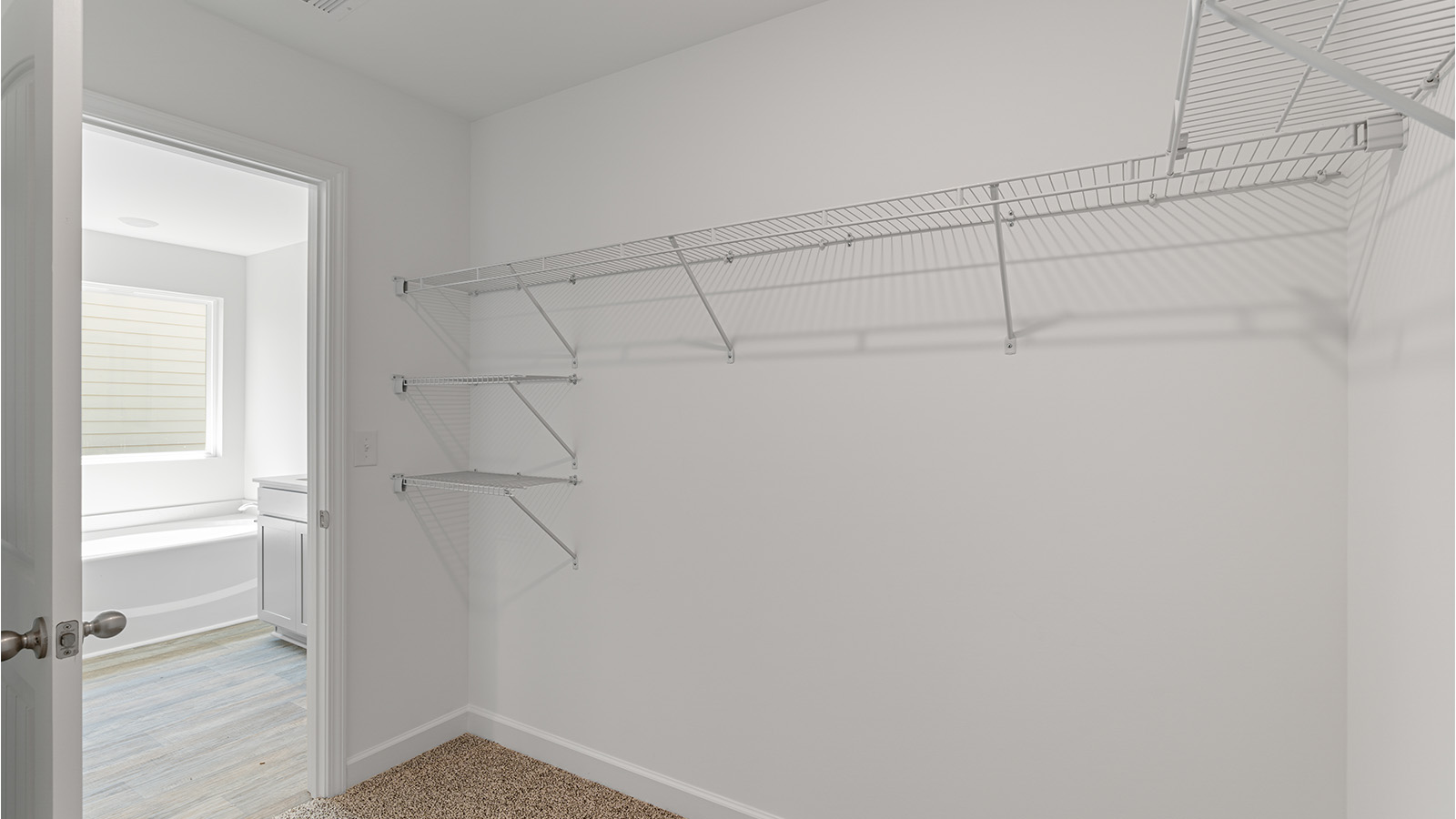 Luxury primary suite featuring a walk in closet, dual vanities, and a separate tub and shower.