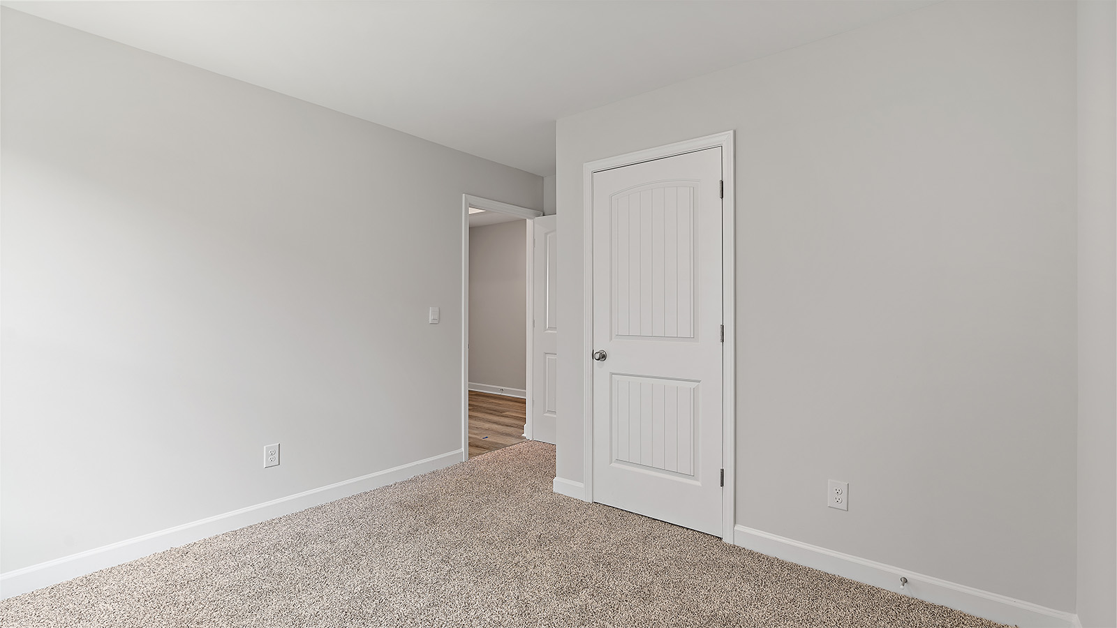 Spacious guest bedroom with soft carpet and full closet