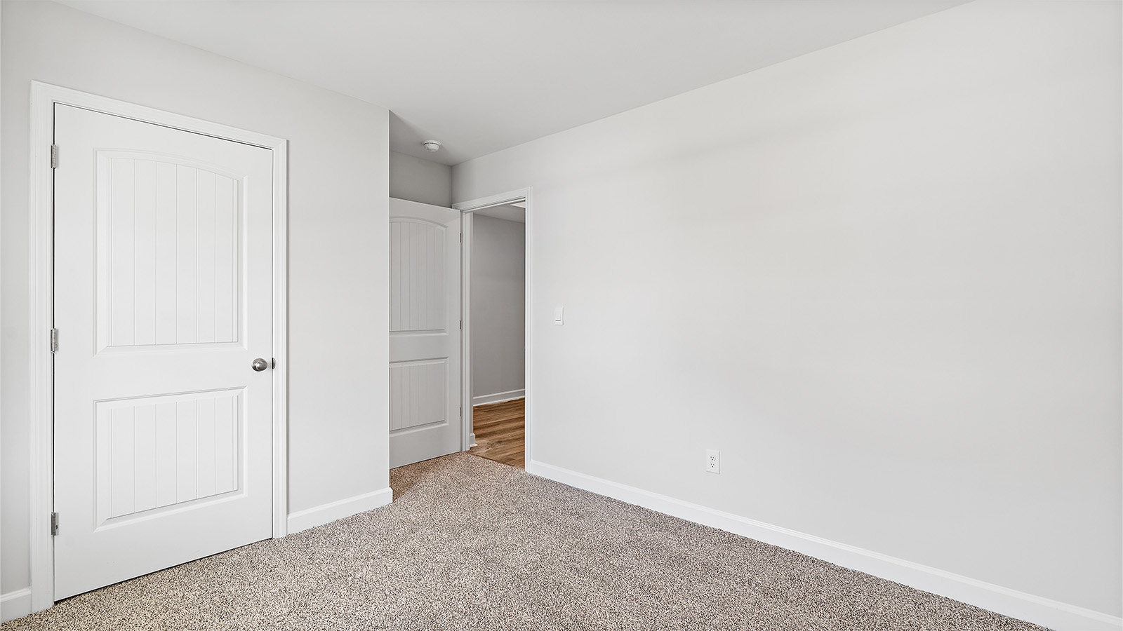 Spacious guest bedroom with soft carpet and full closet