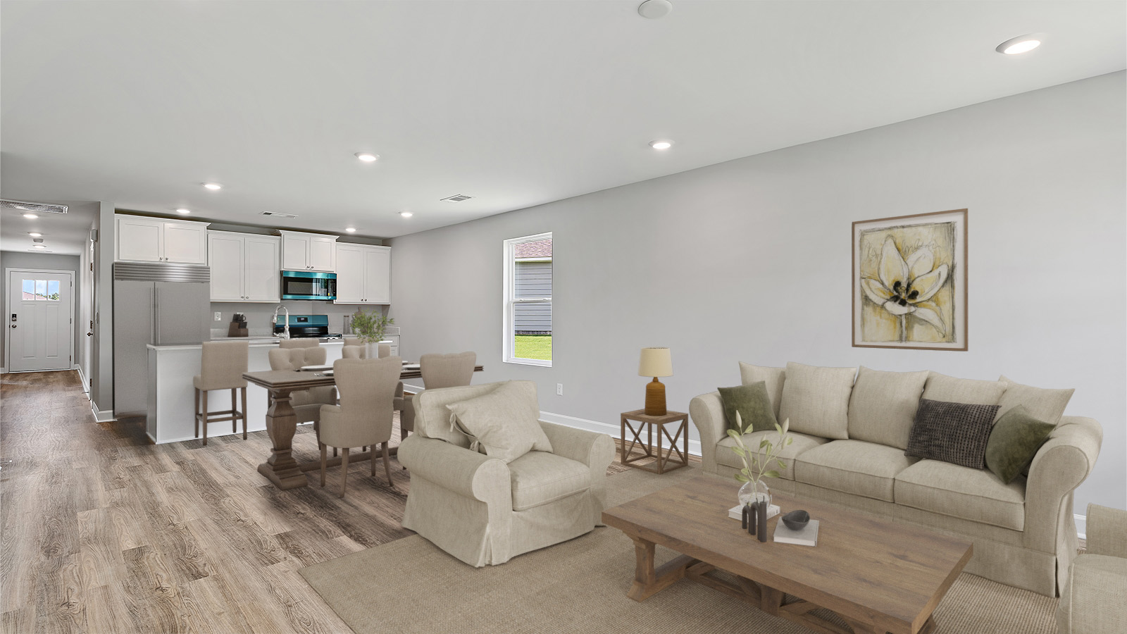 Delilah floorplan exterior preview at Sagebrush in Headland, AL. One‑story home with 1‑car garage. Representational image.