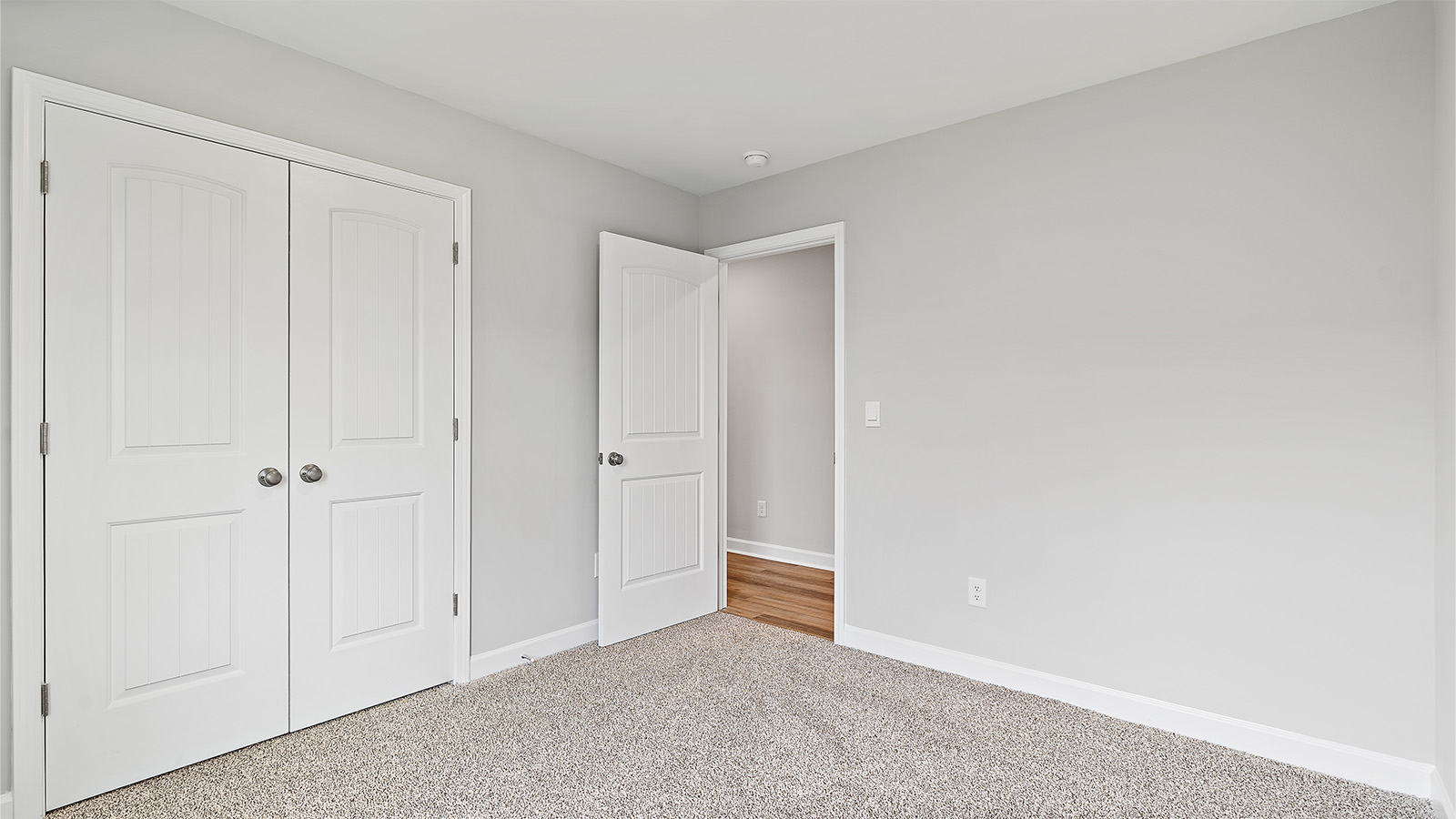 Comfortable guest bedroom with soft carpet and a spacious closet.