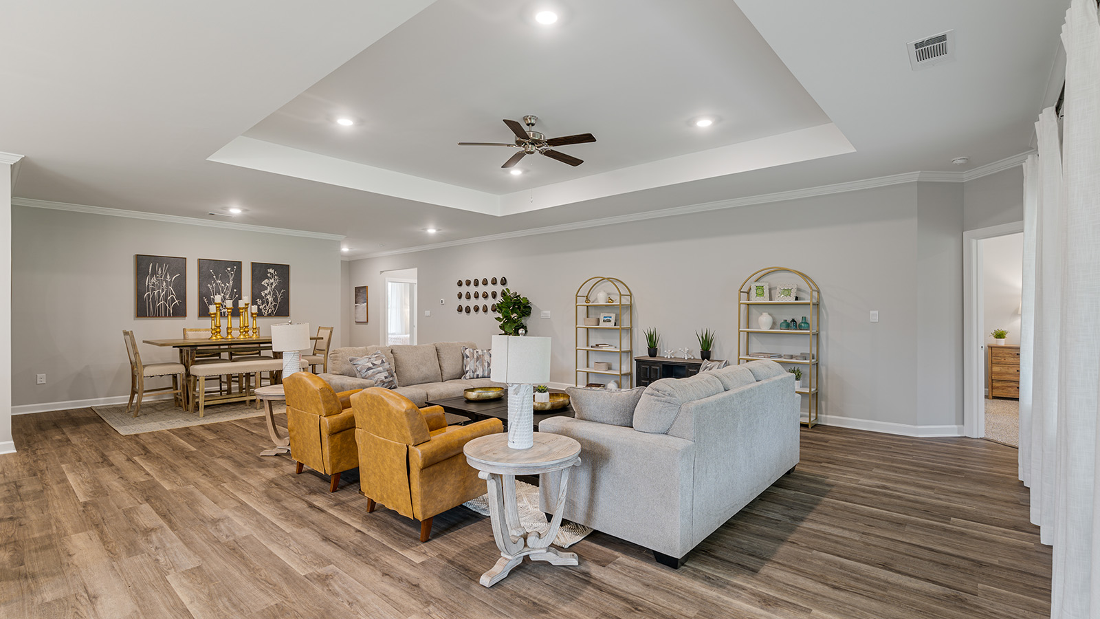 The Destin floorplan interior with quartz countertops, LVP flooring, and open concept living.