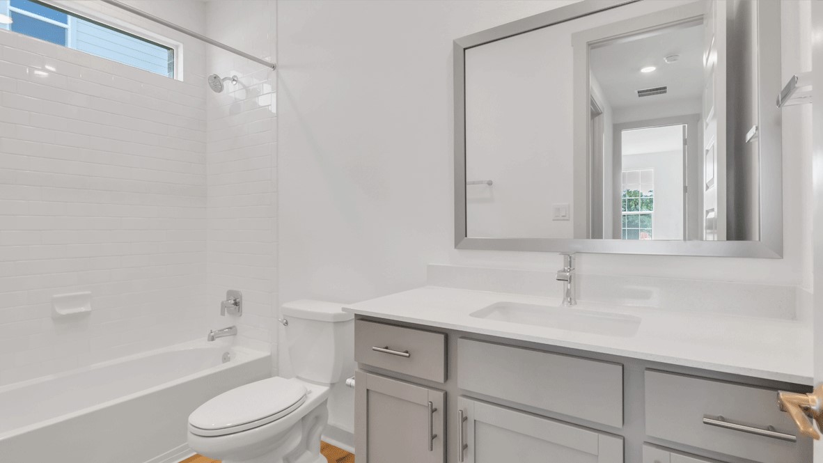 Full bathroom at Thunder Rock with towel bar, framed mirror, and vertical decor beside the vanity