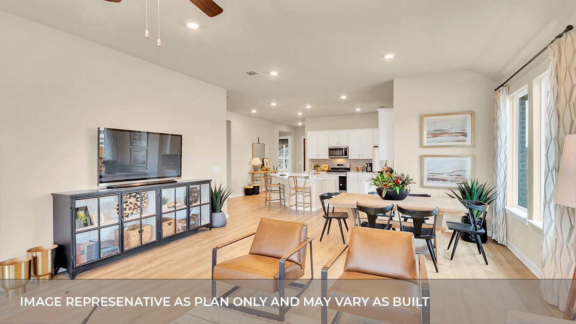 Living room view to dining and kitchen, with new appliance suite included, cabinet options at Rosenbusch Ranch By D.R. Horton