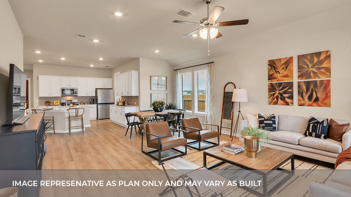 View from great room into kitchen with new appliance suite included, pantry, cabinet options Rosenbusch Ranch By D.R. Horton