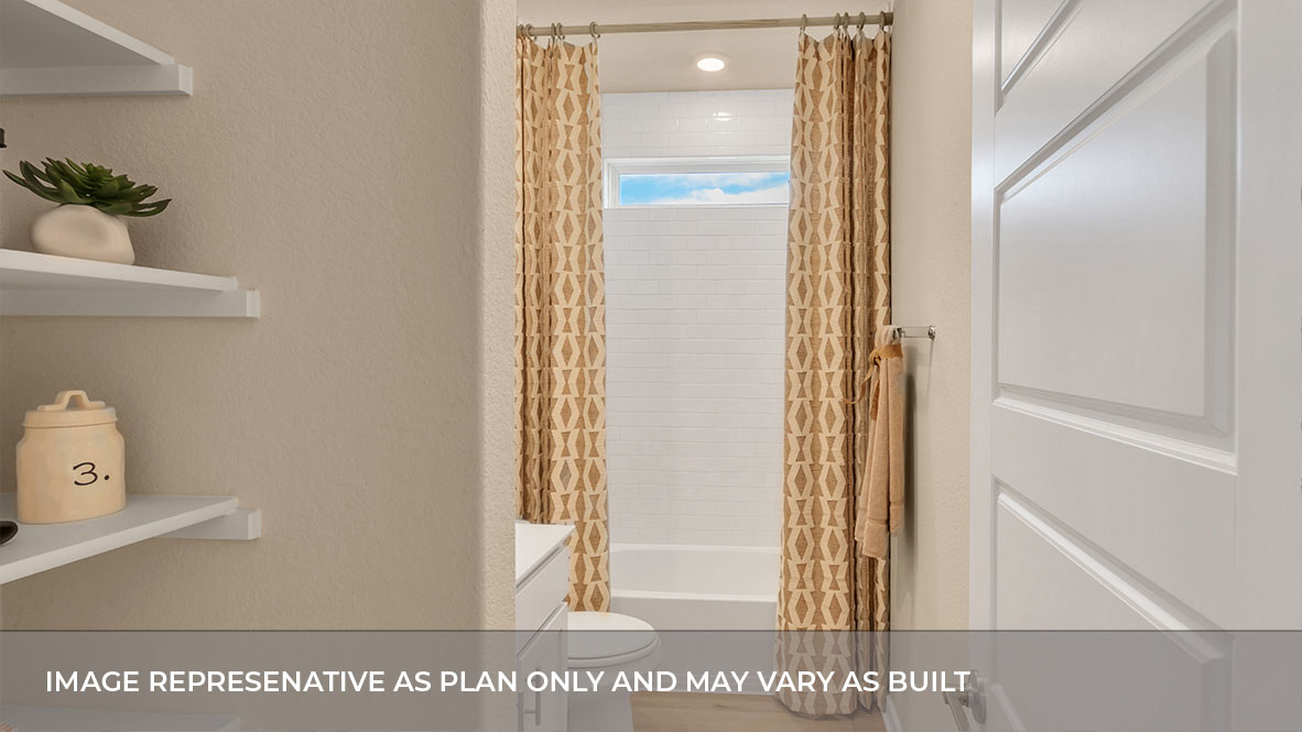 Family full bathroom 2 with stylish vanity, mirror, polished fixtures, cabinets, tub-shower combo