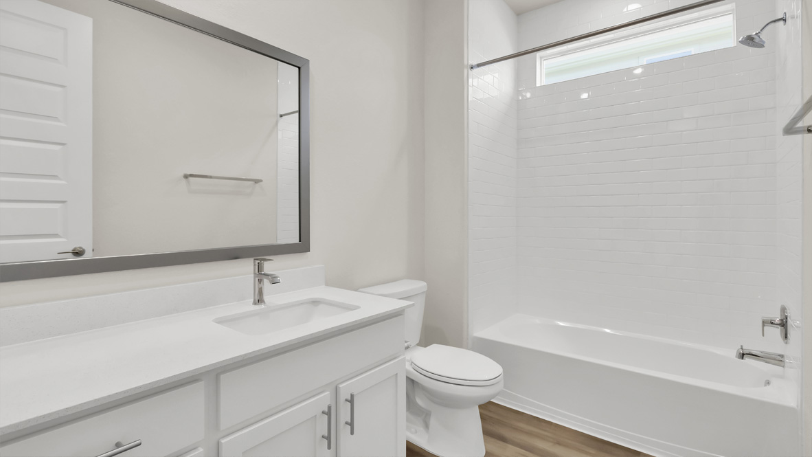 Family bathroom with stylish vanity, mirror, polished fixtures, cabinets, tub-shower combo in Rosenbusch Ranch