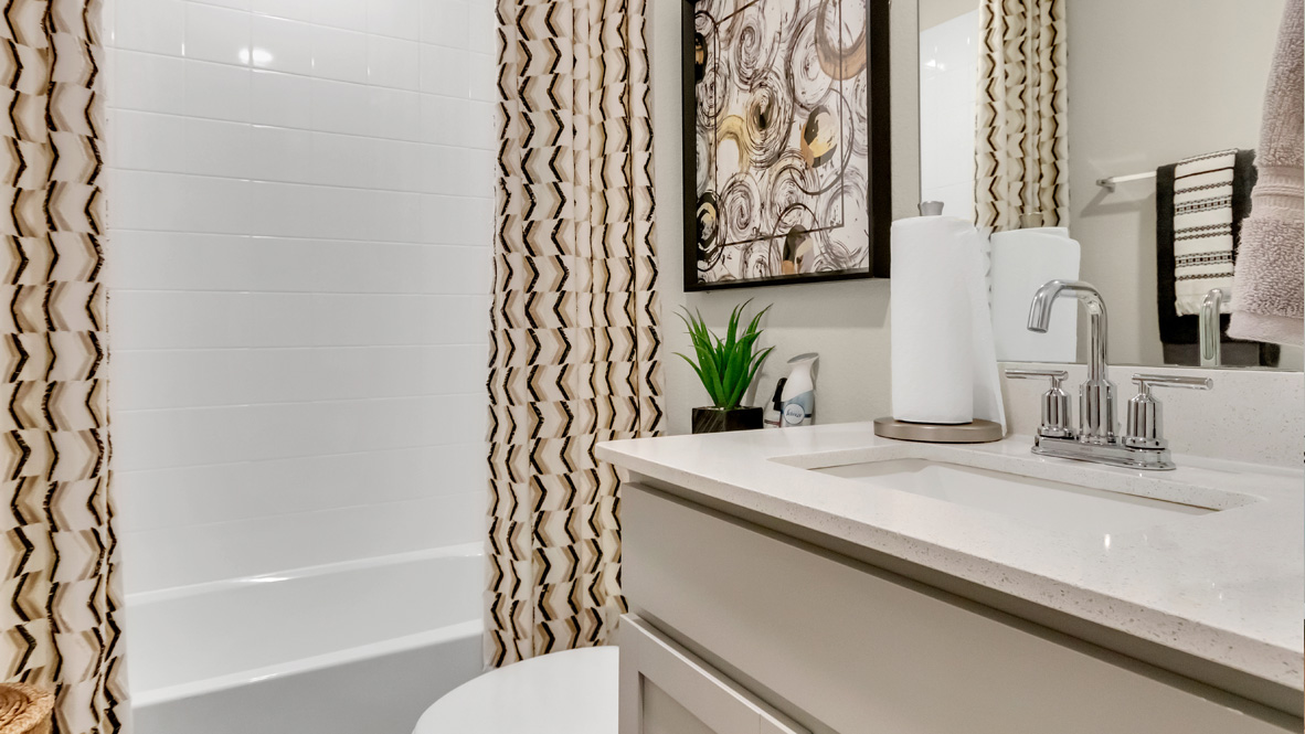 Second bath with built-in tub-shower combo, vanity, sink, lighting, stylish finishes in Rosenbusch Ranch