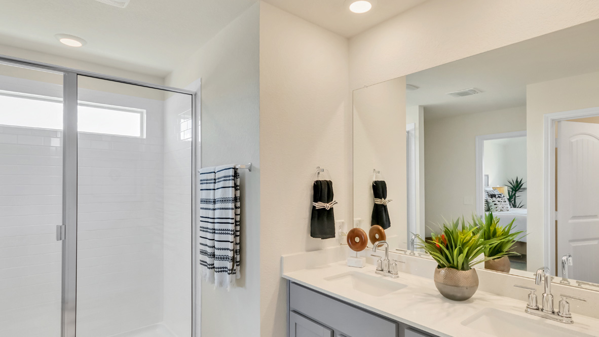 New build home adds a thoughtful private ensuite, walk-in shower, walk-in closet, full vanity, mirror, backyard views