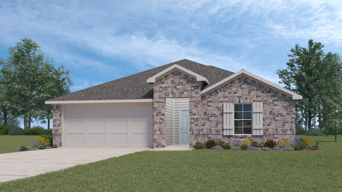 Front exterior one story Kingston home with tan/gray brick, white paneling, and white siding with white two-car garage and driveway in the front with white shutters on the windows.