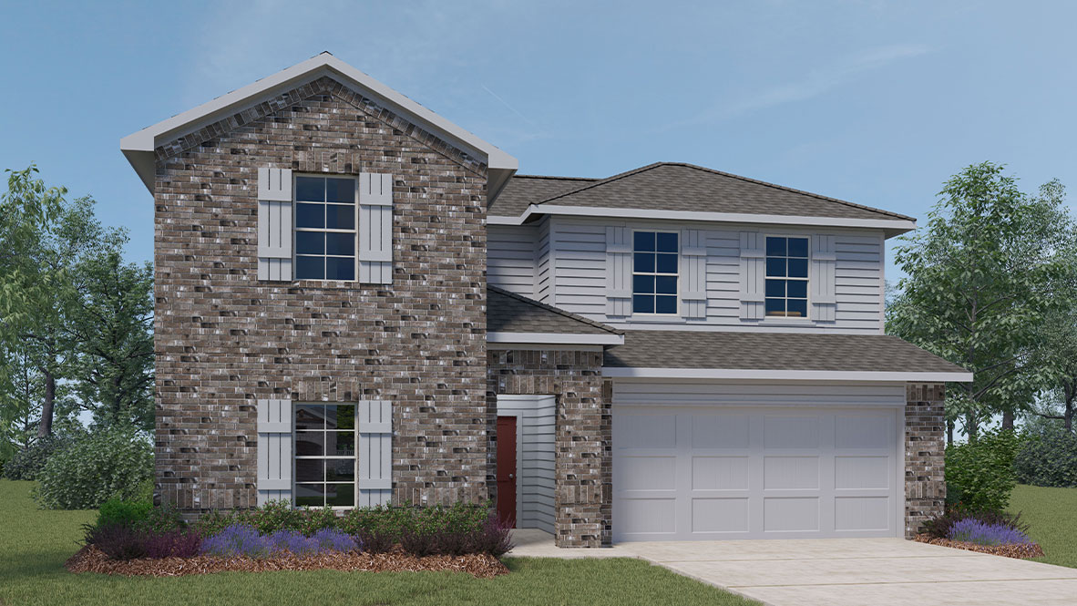 Front exterior two story Ozark home with dark tan brick, white paneling, and white siding with white two-car garage and driveway in the front with white shutters on the windows.