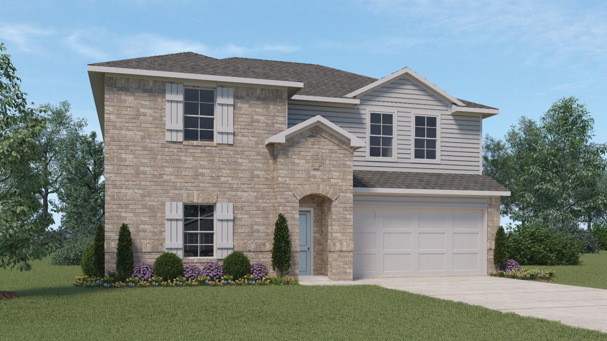 Front exterior two story Perry home with light tan brick, white paneling, and white siding with white two-car garage and driveway in the front with white shutters on the windows.
