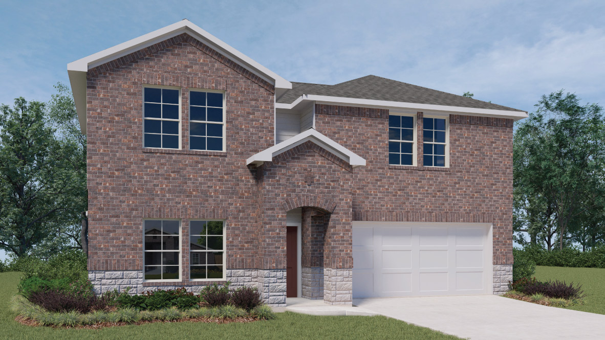 Front exterior two story Quincy home with brown brick and light stone, white paneling, and white siding with white two-car garage and driveway in the front.