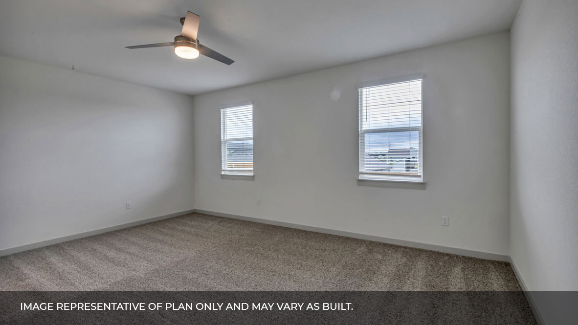 Primary bedroom with carpeted floors, two large windows, and trey ceilings.