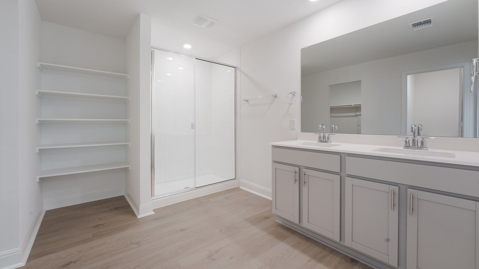 Luxurious main bathroom with double vanity sink, walk-in shower, and large walk-in closet.