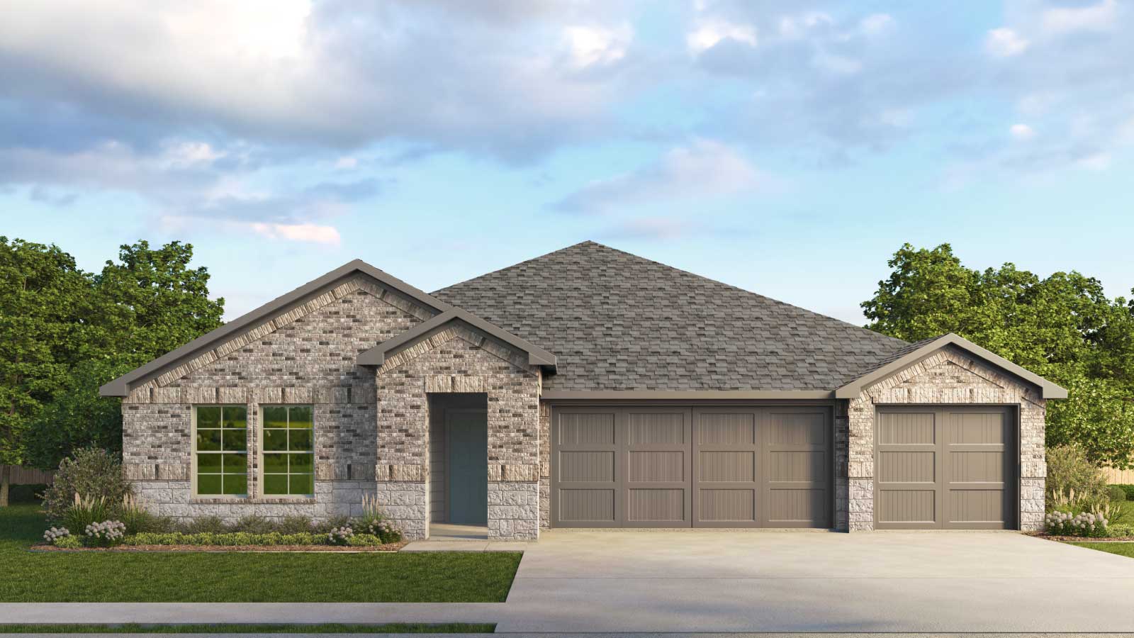 Rendering of front exterior of home with three car garage.