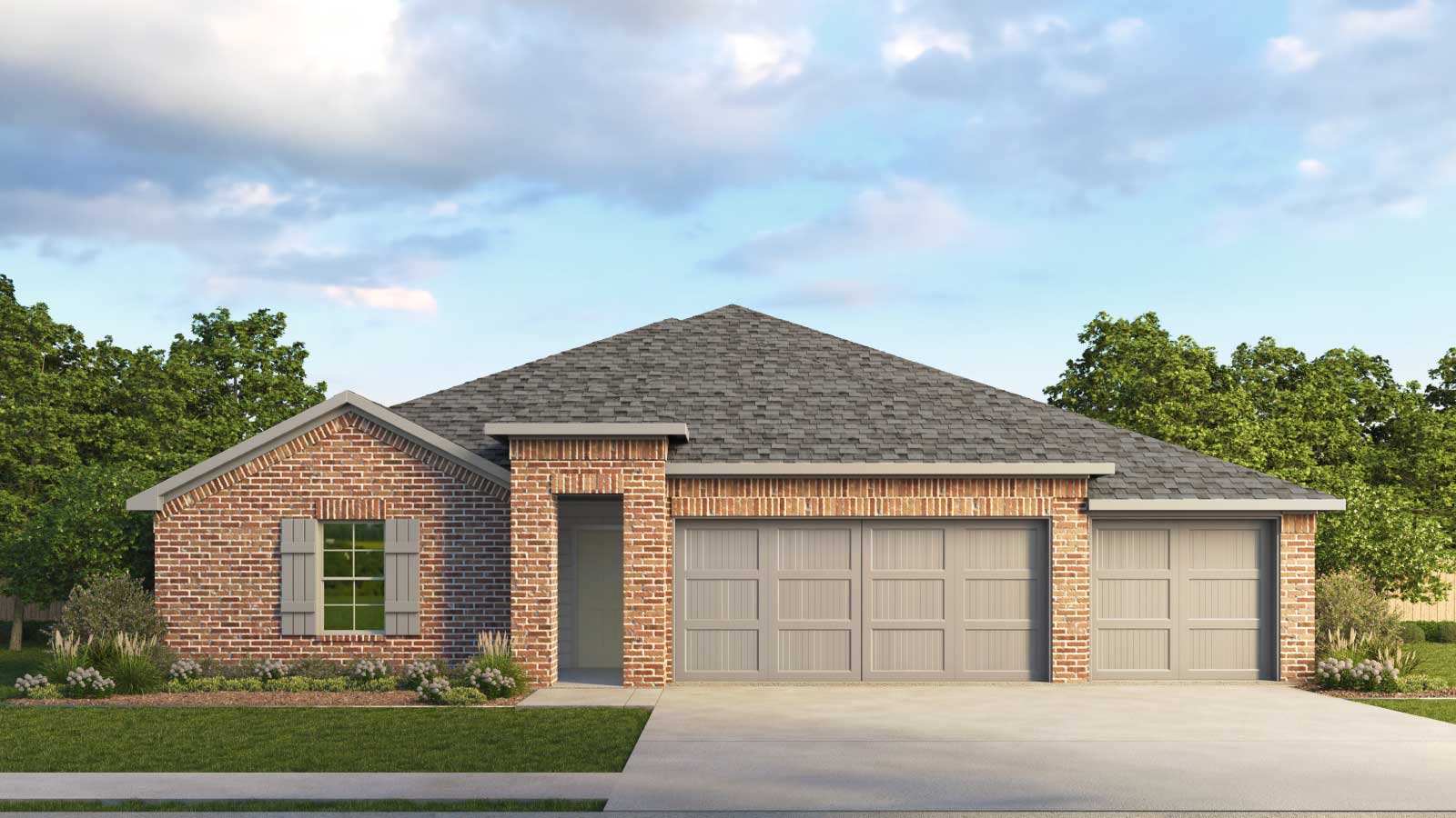 Rendering of front exterior of single story home.