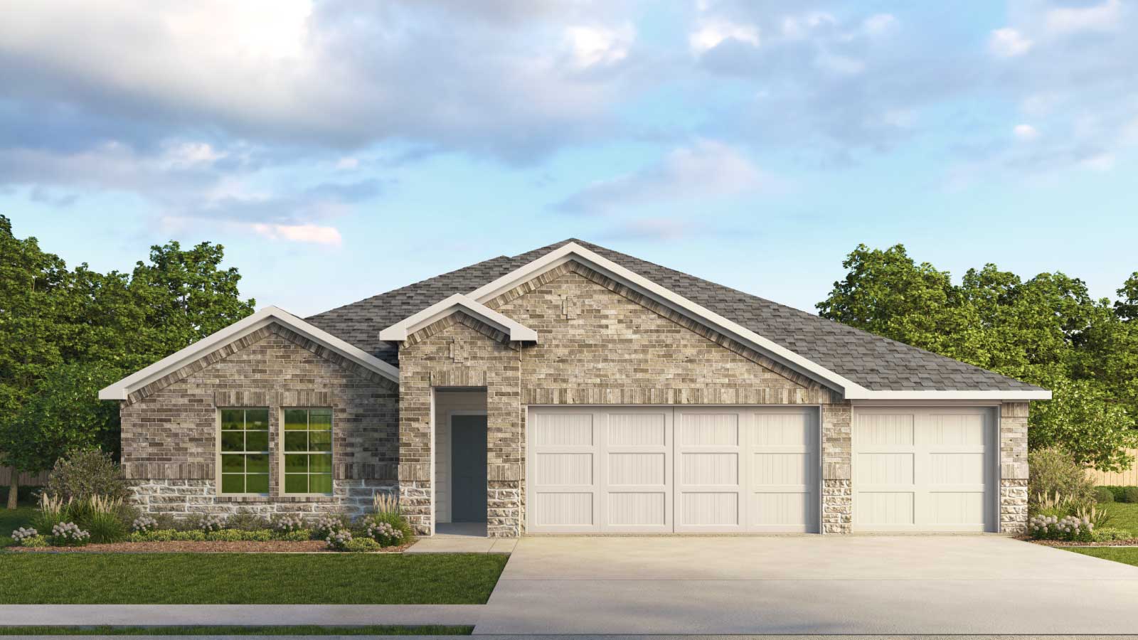 Rendering of front exterior of home with three car garage.