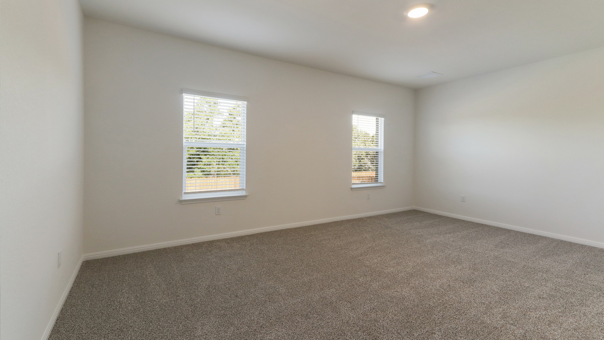 Primary bedroom with two windows and carpeted floors.