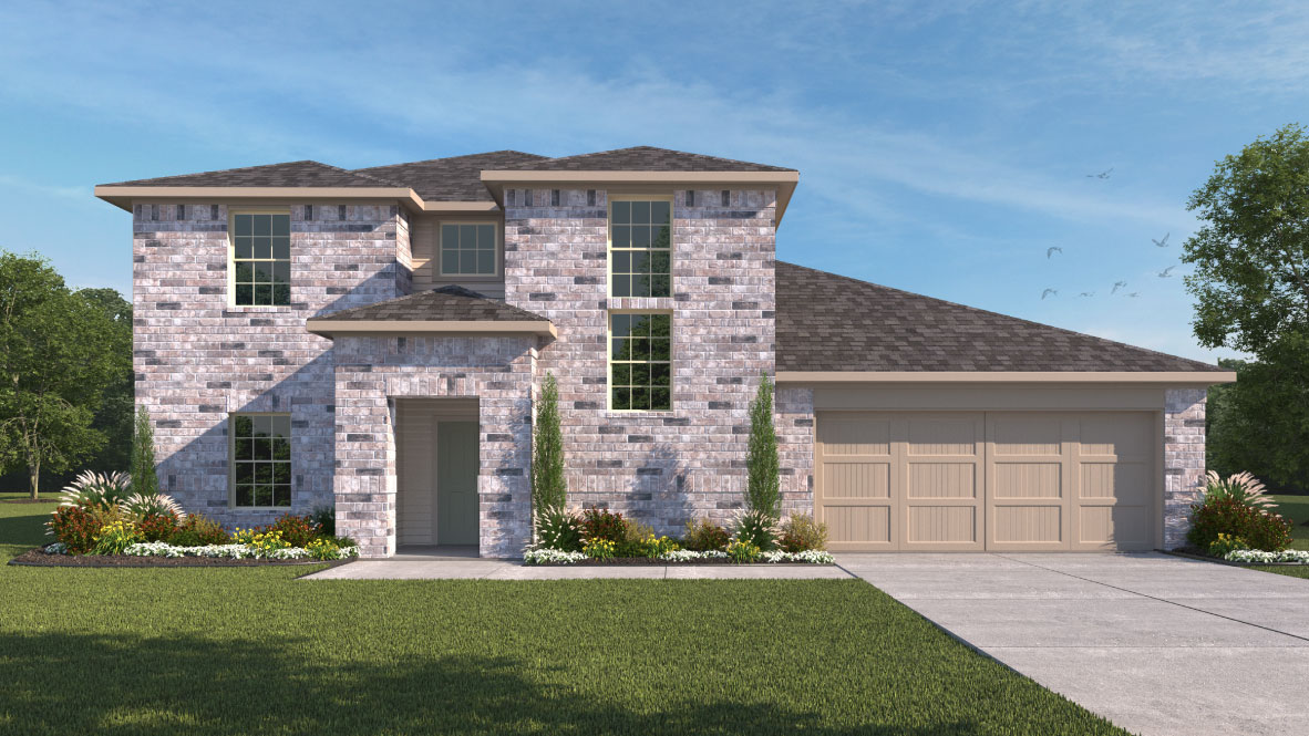Rendering of front exterior of home with two car garage.