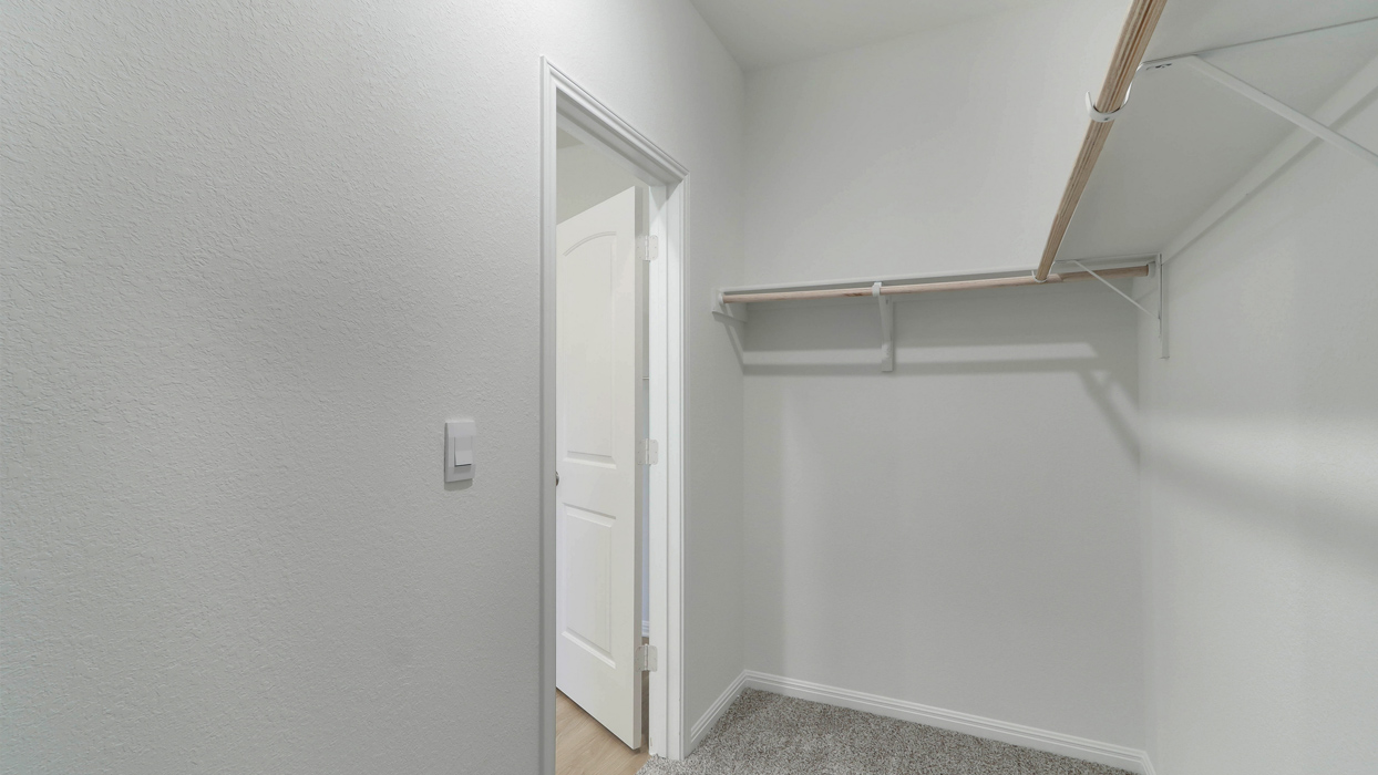 Primary closet with carpeted floors.