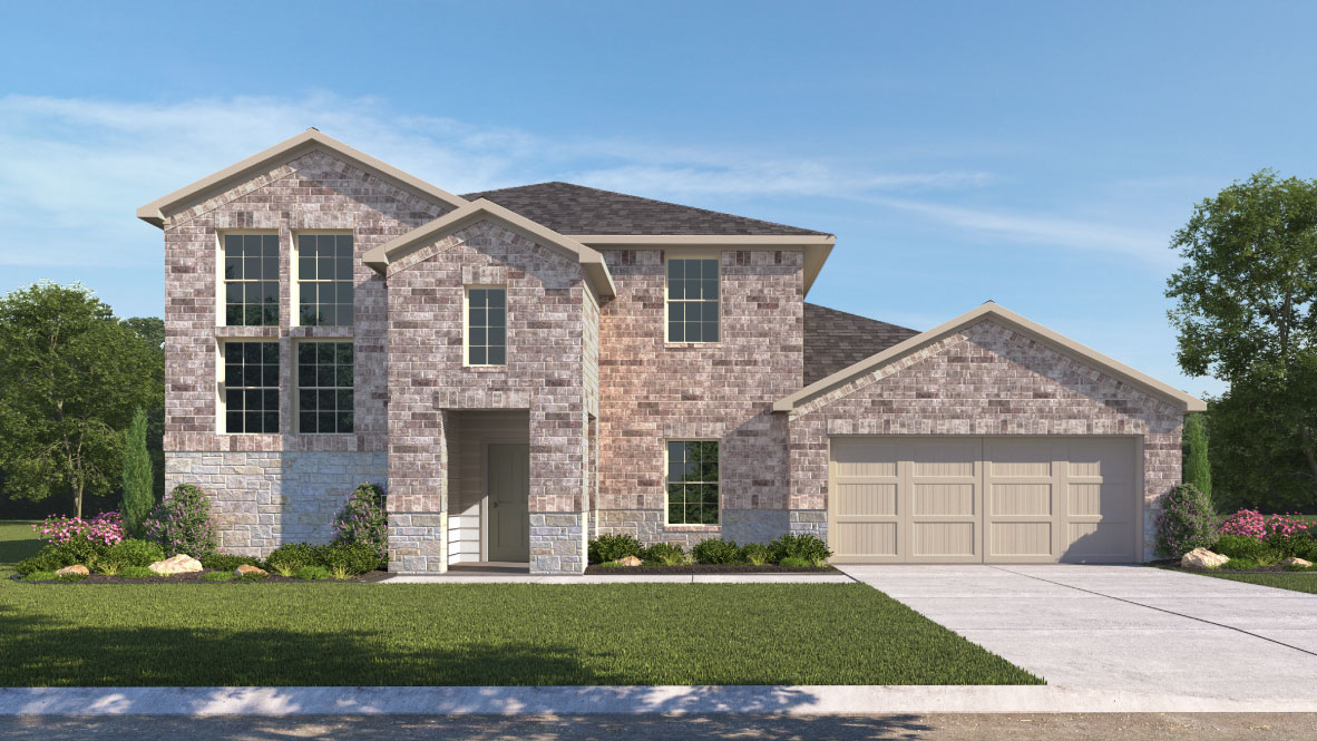 Rendering of home with two car garage and brick siding.