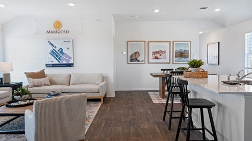 Living room and kitchen island with quartz countertops.