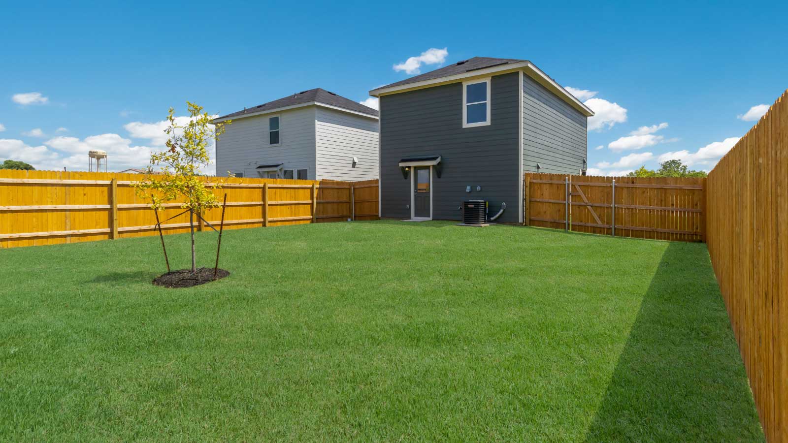 Backyard with a wooden fence and green grass.