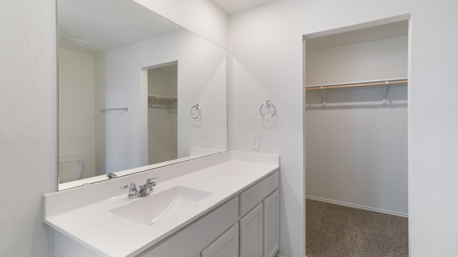 Owner’s ensuite showcasing vanity space and direct view into the walk-in closet for organized storage