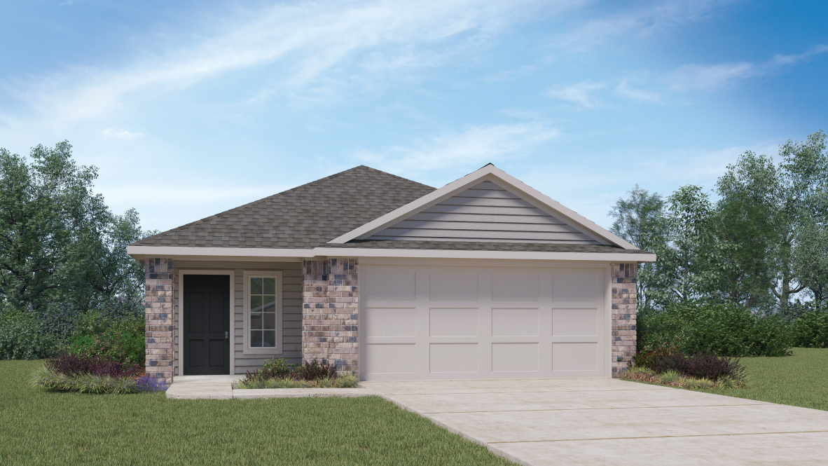 front exterior rendering of the Caroline floorplan featuring brick accents and a 2 car garage