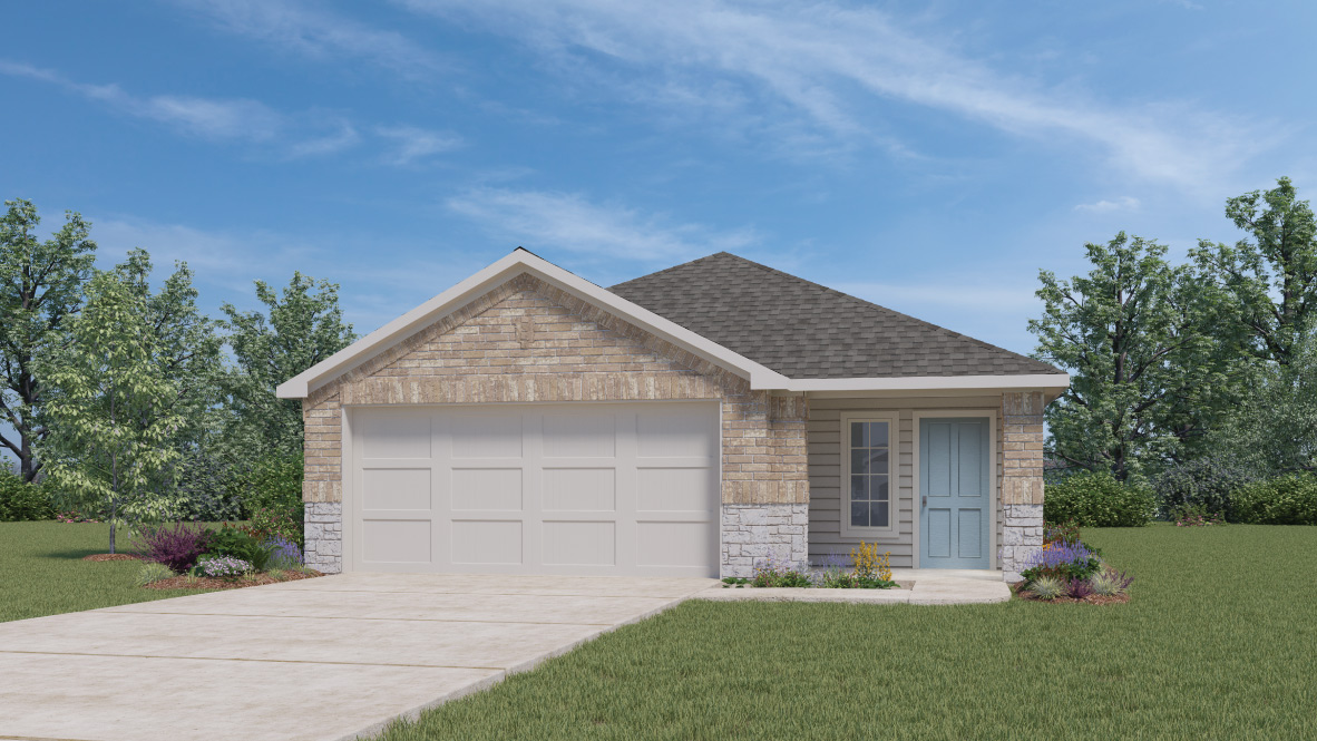 front exterior rendering of the Caroline floorplan featuring brick accents and a 2 car garage