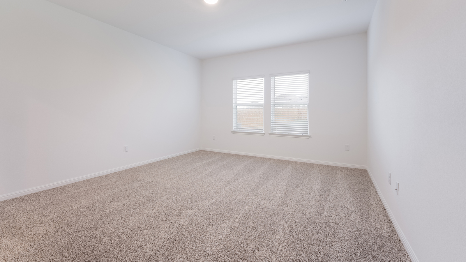 Large main bedroom with carpeted floors and two windows.