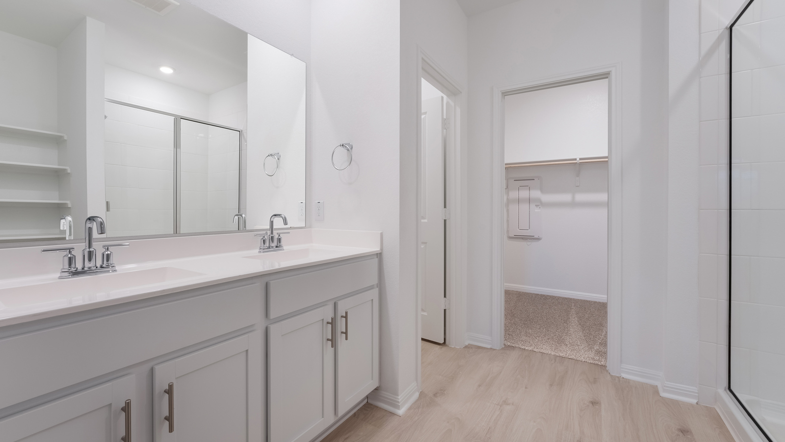 Main bathroom with double vanity sink and walk-in closet.