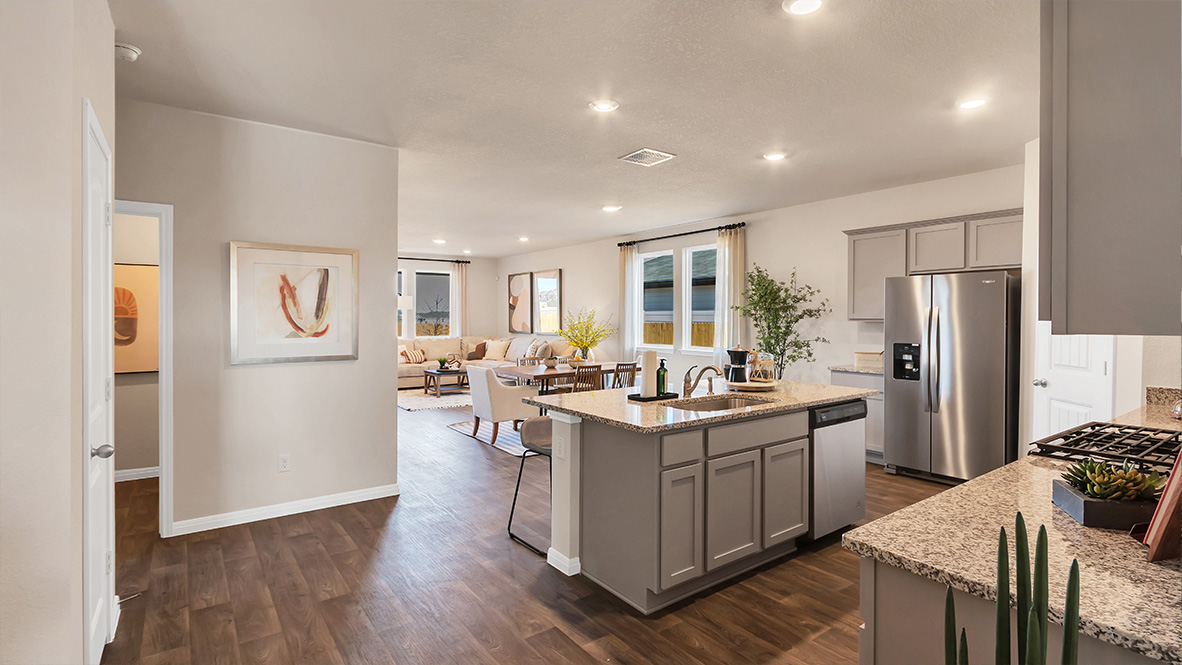 spacious kitchen featuring light grey cabinetry, large island and stainless steel appliances