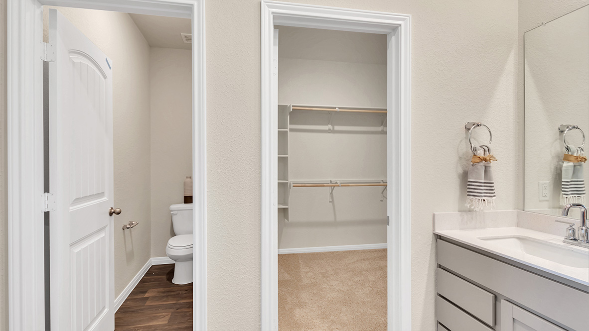 bathroom featuring dual vanity sinks, and a walk in closet