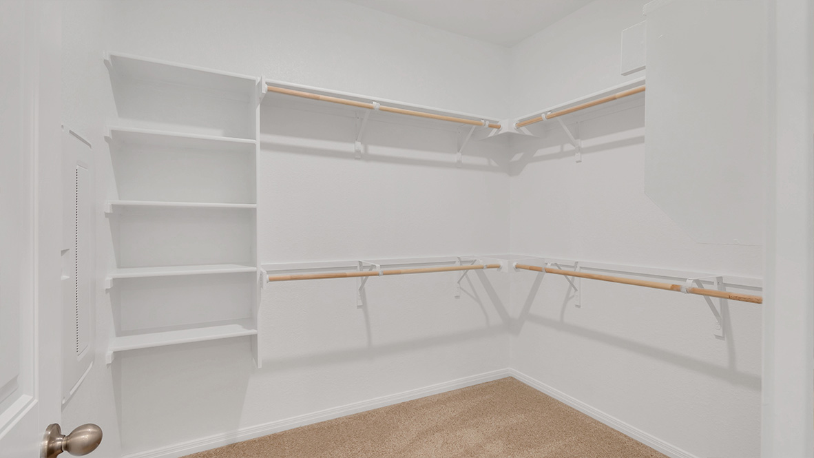 spacious walk in closet with built in shelving