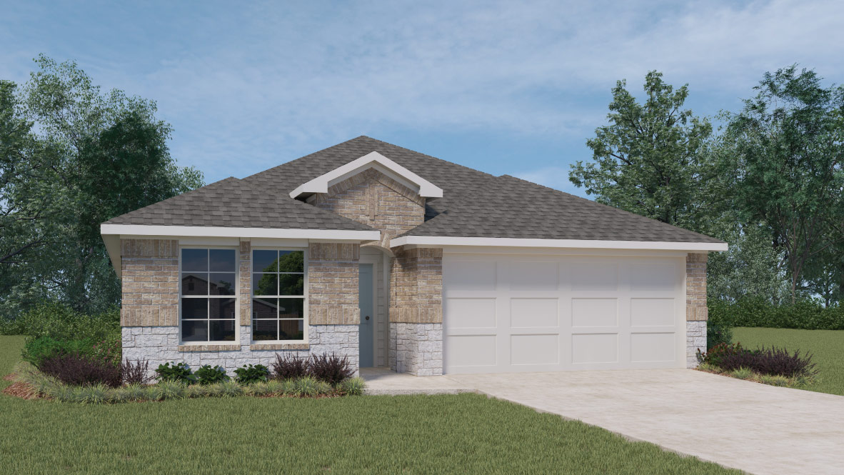 front exterior of the Gaven floorplan home featuring light stone accents and a 2 car garage