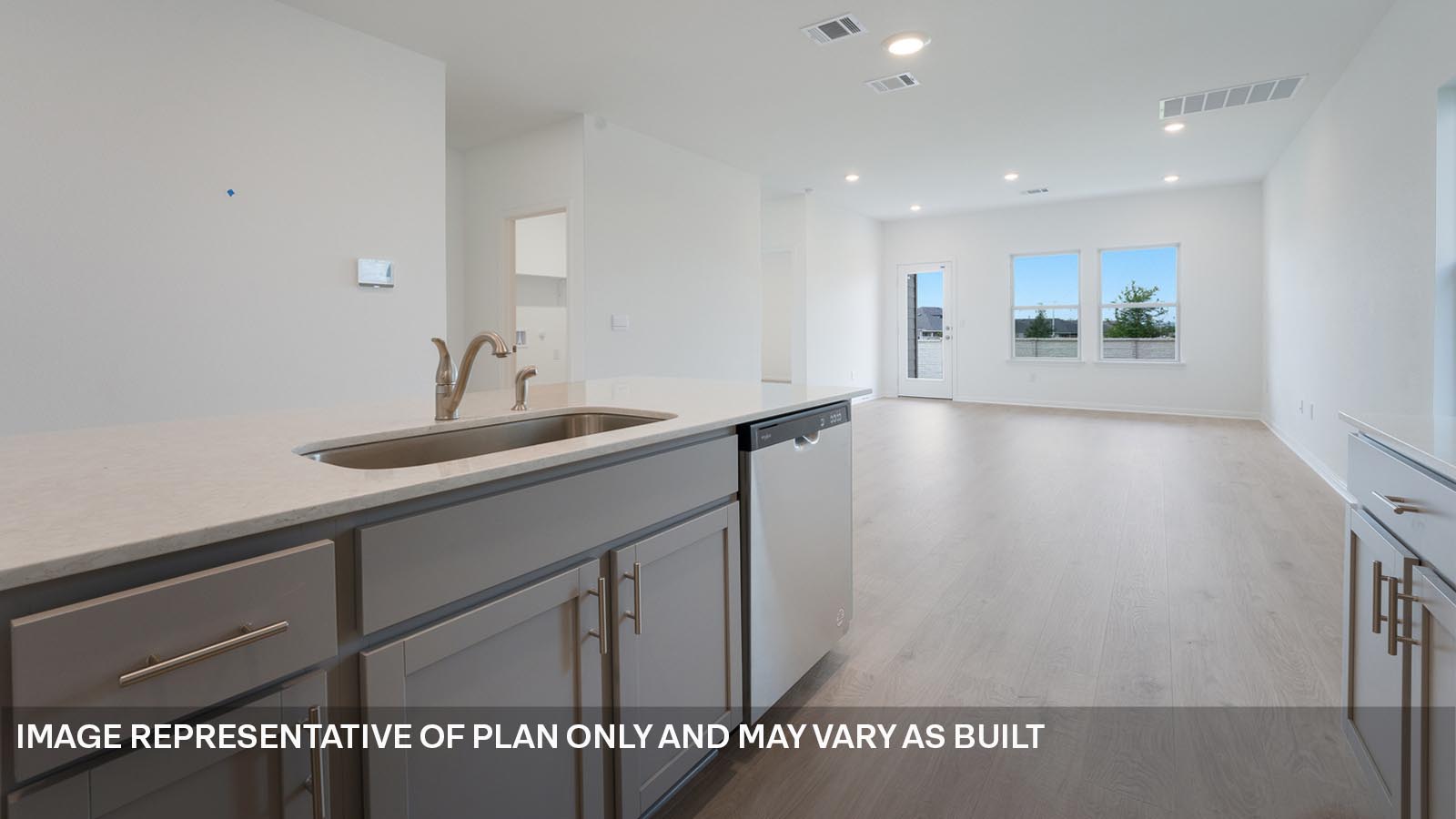 Kitchen island and view of living area.