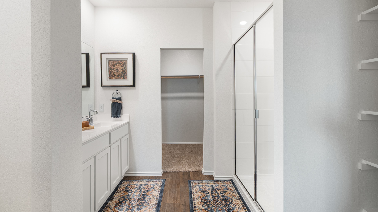 Sideview of a bathroom with a walk-in closet